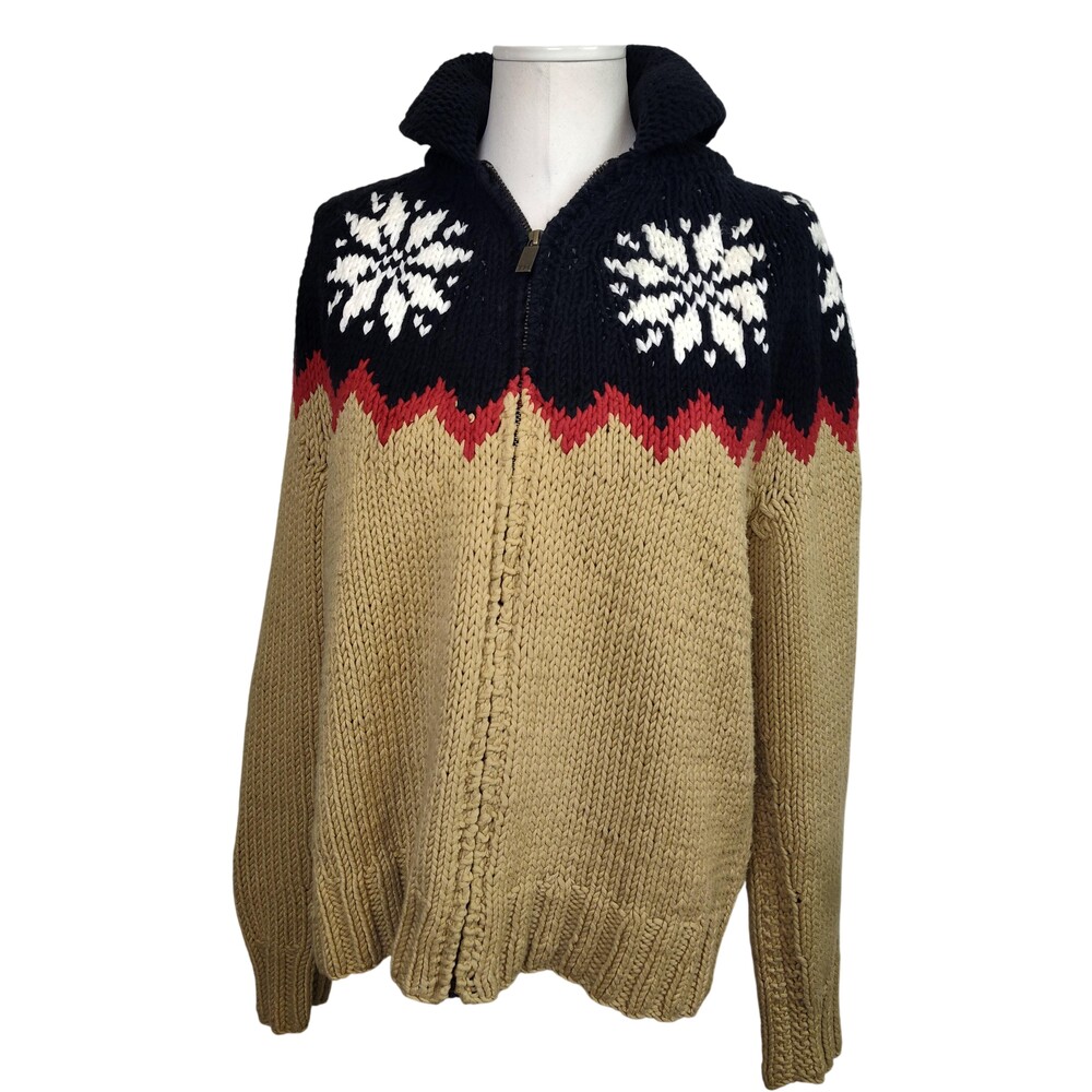 Tommy Hilfiger Vtg Cotton Sweater Womens Large Beige Snowflake Fair Isle Zip Ski